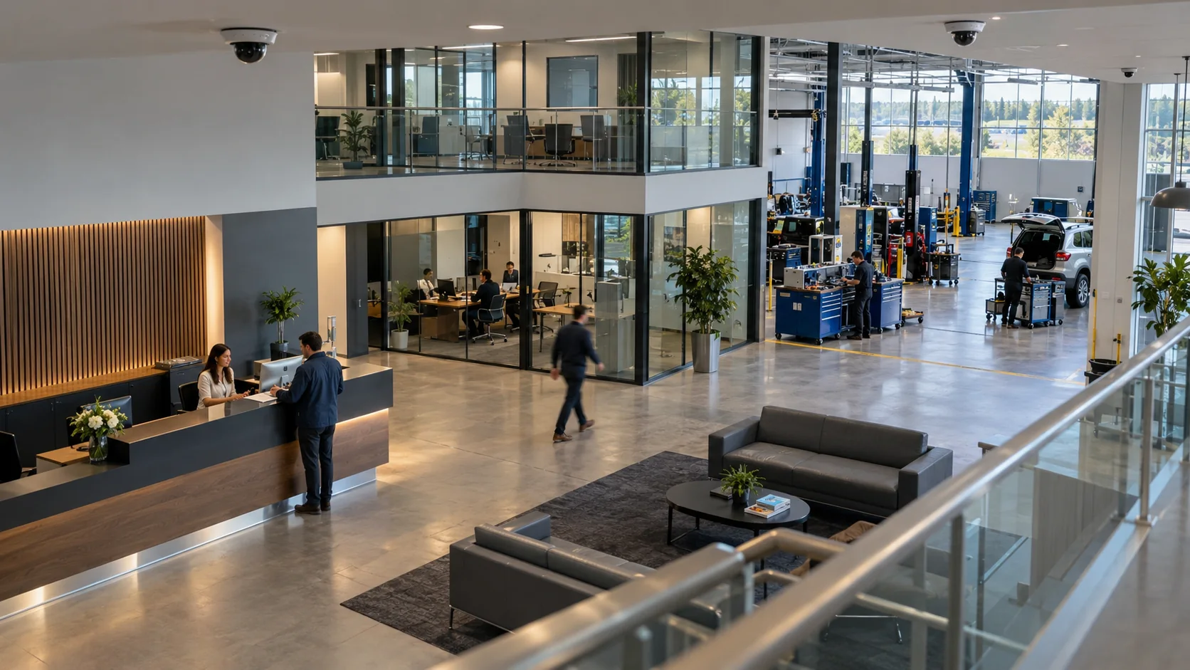 Staged illustration: an overview of a modern site with reception and work areas