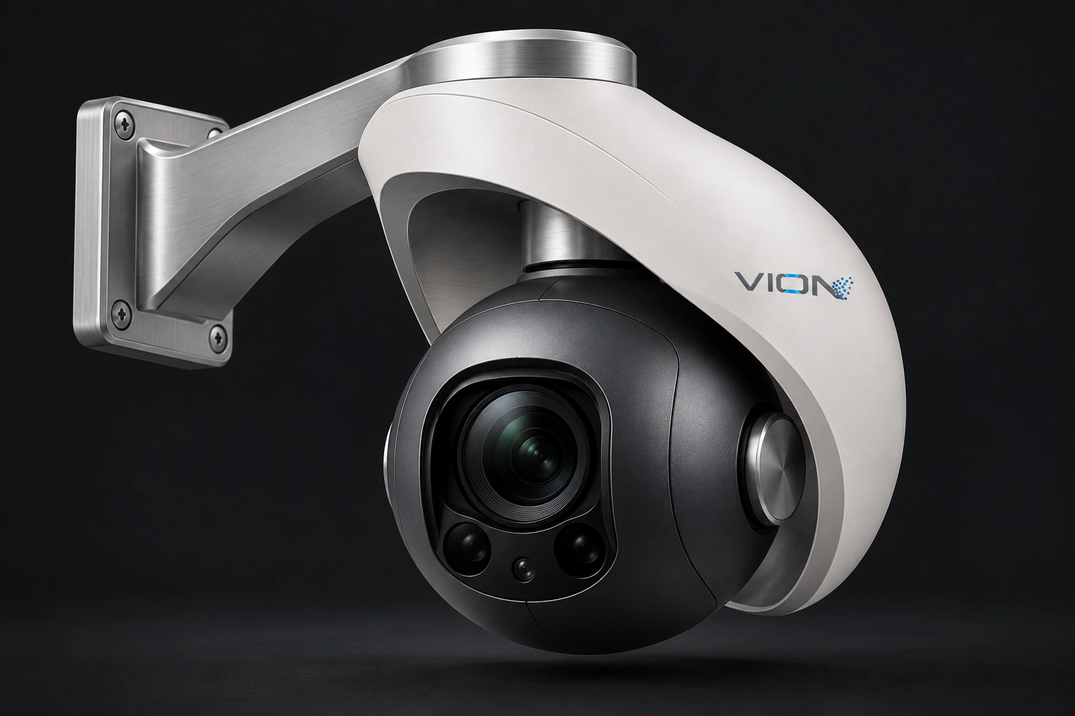 Проектная визуализация ViON PTZ: графитовая поворотная головка в светлой асимметричной арке с открытым зазором и металлическим настенным кронштейном