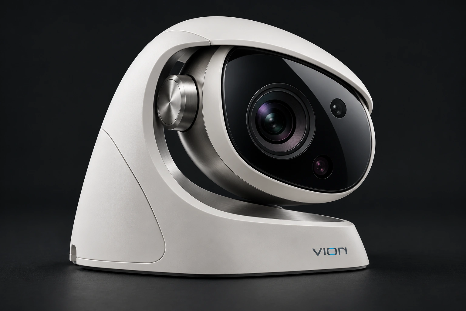 Проектная визуализация ViON Turret: светлая открытая арочная опора, металлический шарнир и чёрный оптический модуль